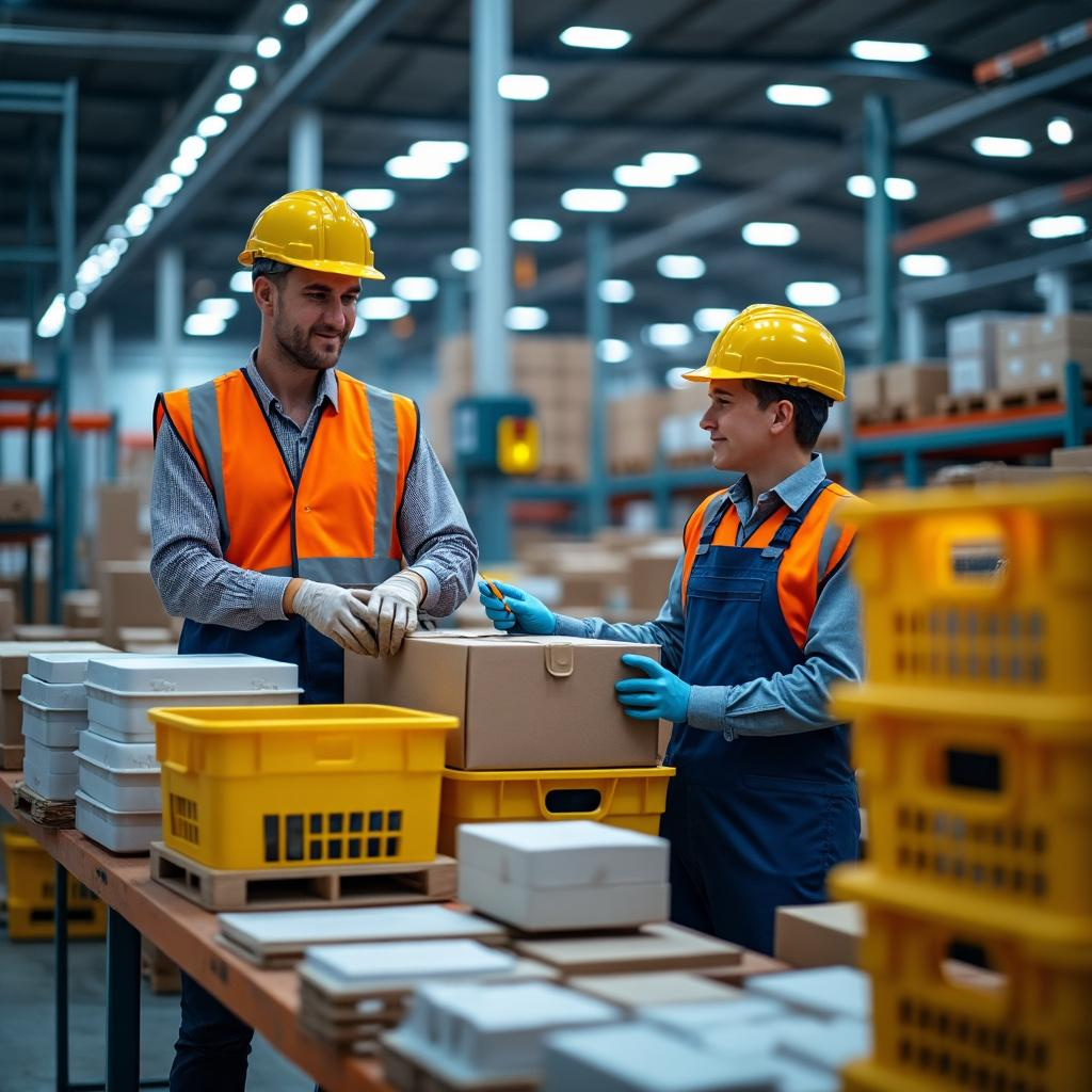 Operarios preparando pedidos en un depósito industrial